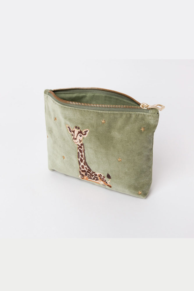 Elizabeth Scarlett Giraff mini pouch in olive velvet