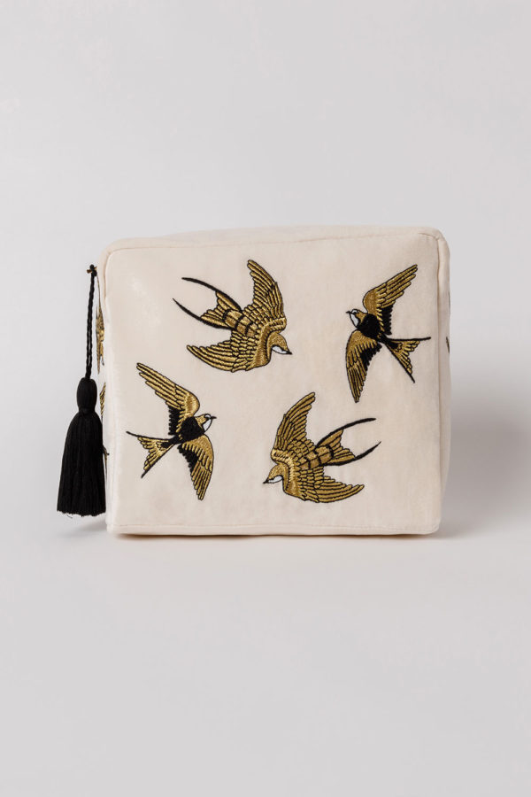 Elizabeth Scarlett Swallow Washbag in cream velvet