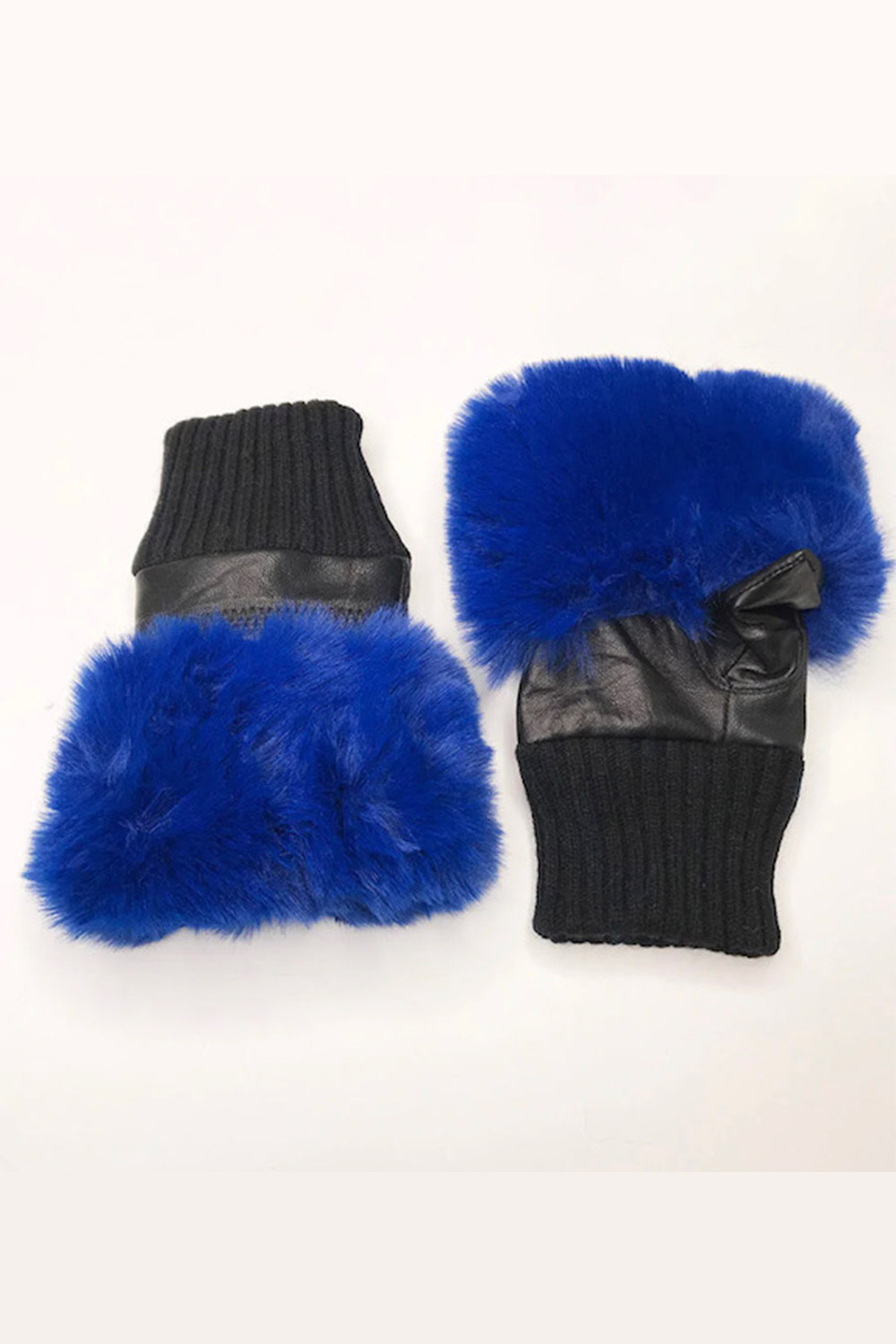 Jayley : Leather Colbalt Faux Fur Fingerless Gloves - jojo Boutique