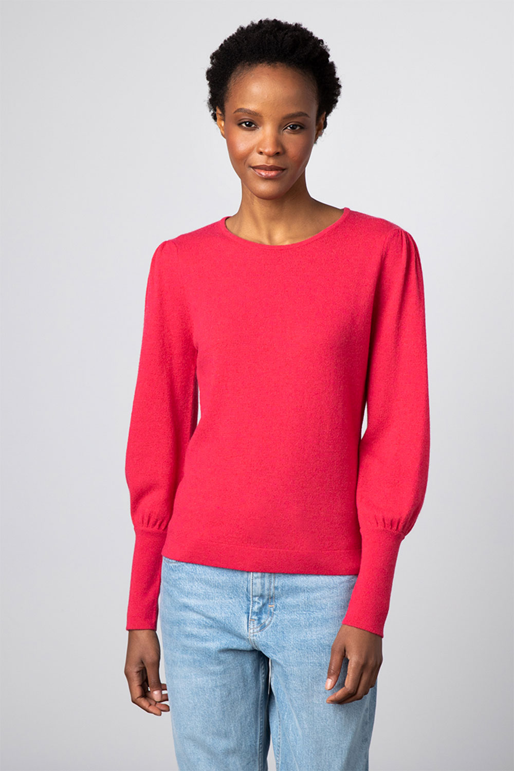 Kinross Cashmere Gathered Sleeve Crew Geranium