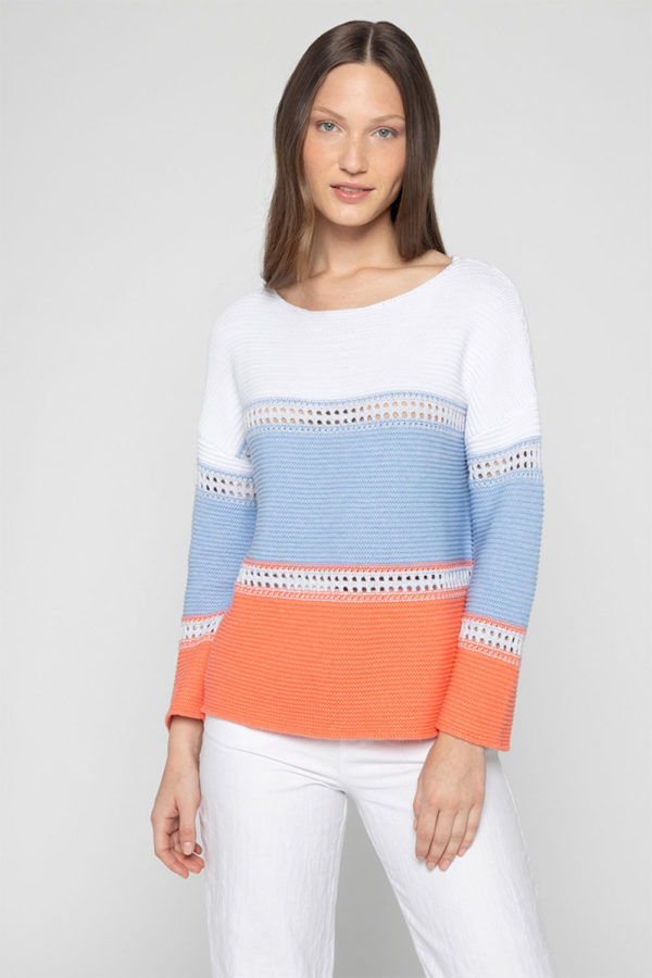 Kinross Cotton wide stripe coral and white sweater