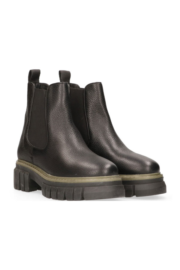 Maruti Black Leather Chunky Chelsea Boots with Kharki Trim