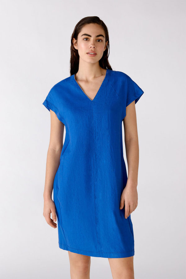 Oui Colbot Blue Linen V neck dress edged in silver 76252