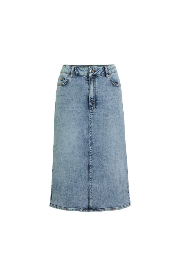 Oui High Waist Denim Midi Skirt with Side Slit 76135