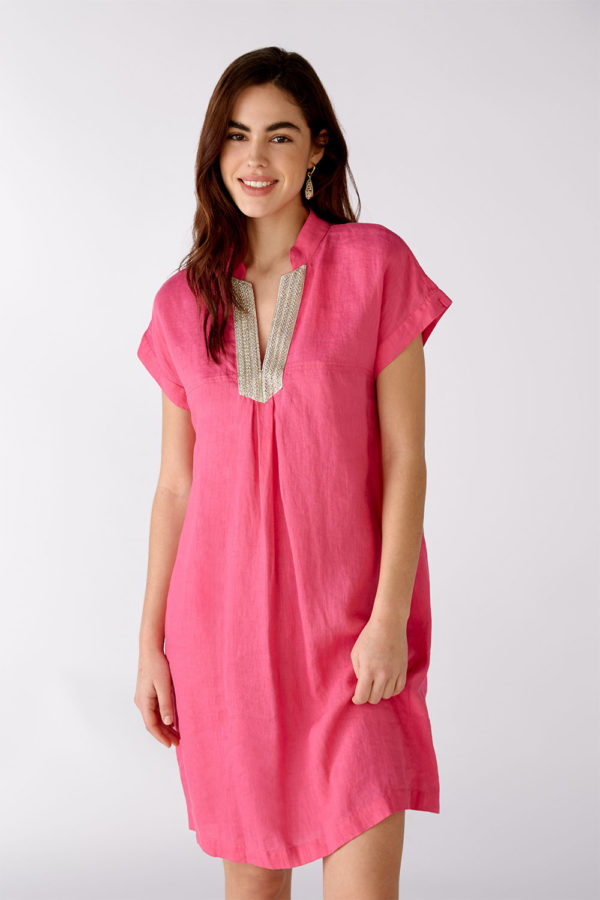 Oui stunning pink linen dress with silver V neck 76023