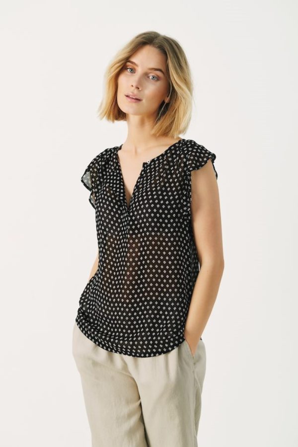 black mini block print prillepw blouse with short sleevegallery2