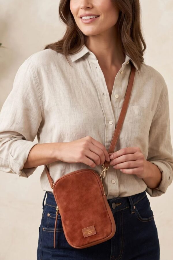 elie beaumont phone bag tan suede