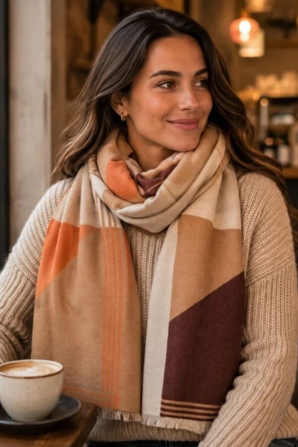 elie beaumont winter scarf tan orange geometric