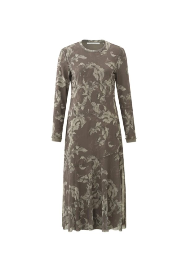 mesh dress with round neck long sleeves and print falcon brown dessin yaya2