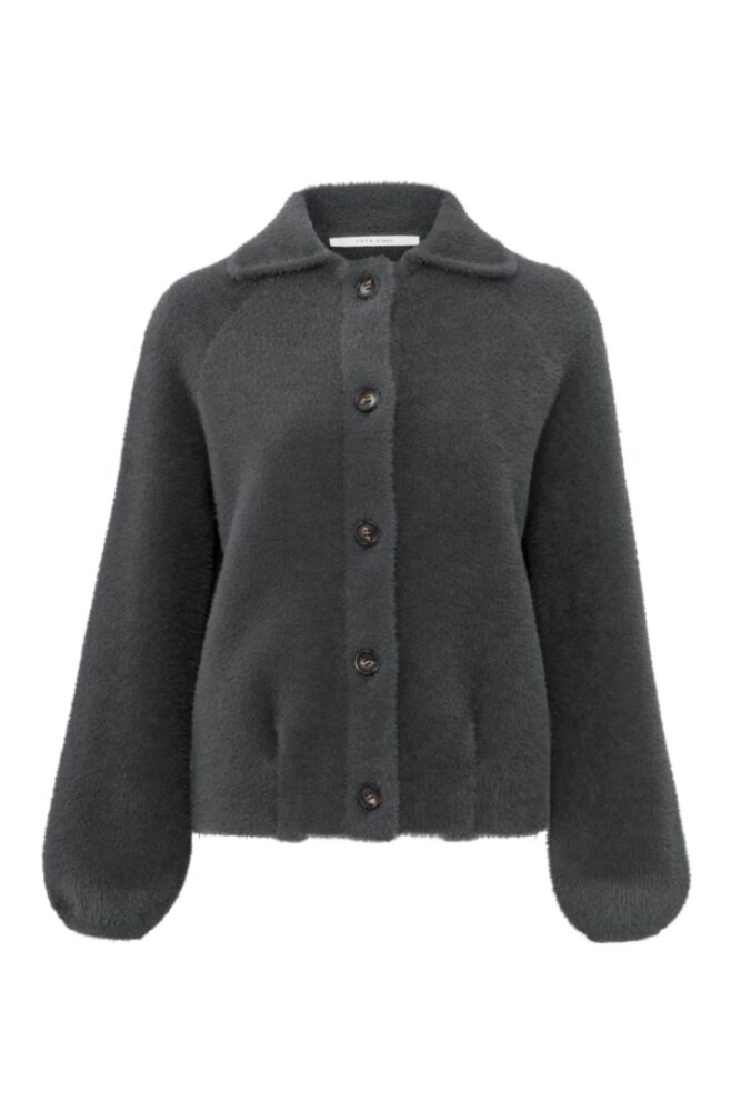 yaya faux fur cardigan with a collar long sleeves and buttons phantom2