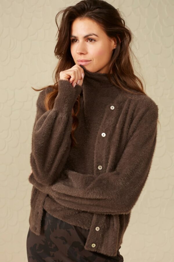 yaya fluffy cardigan with round neck and long puff sleeves mulch brown