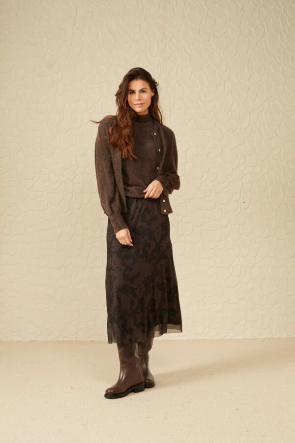 yaya mesh midi skirt in a flowy fit with elastic waist and print mulch brown dessin