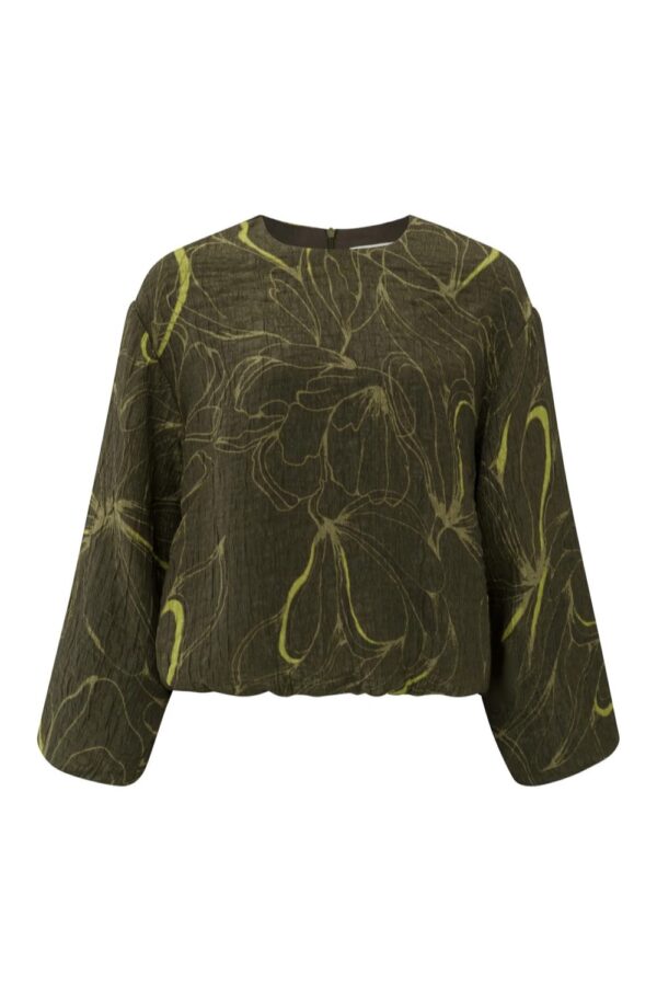 yaya top with round neck long balloon sleeves and print dark army green dessin(gal1)