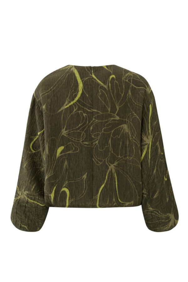 yaya top with round neck long balloon sleeves and print dark army green dessin(gal2)