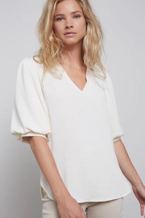 yaya tunic top with v neck and short puff sleeves in wide fit birch sandmain